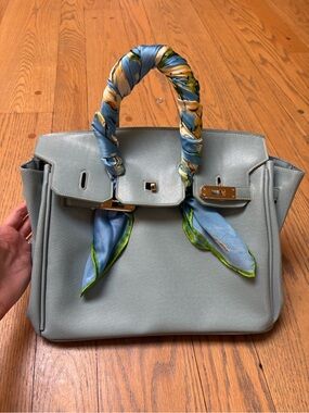 Blue Firkin Top-Handle Satchel in Light Blue with Scarf